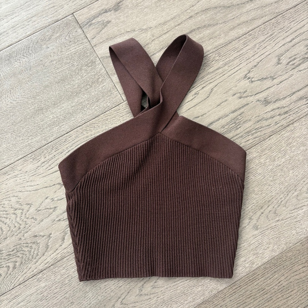 Babaton Chocolate Brown Ribbed Crossback Crop Top